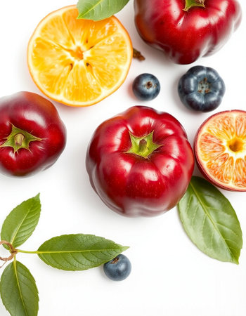 Collection of fresh fruits and berries isolated on white background, top viewの写真素材