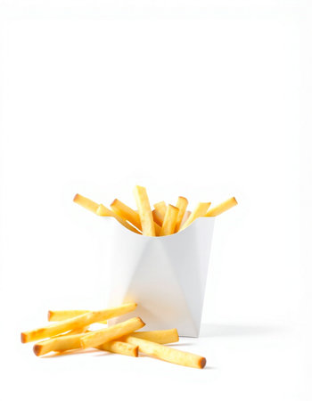 French fries in a paper box on a white background. Isolated