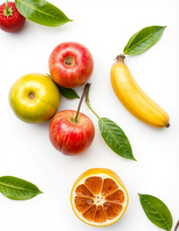 Fruits on white background. Healthy eating concept. Flat lay, top viewの写真素材