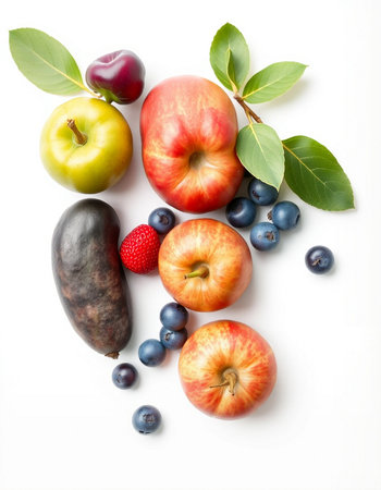 Fruits and berries isolated on a white background. Top view.の写真素材