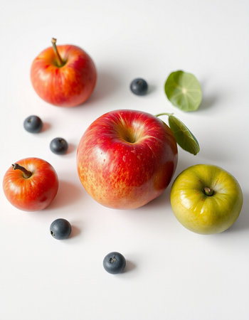 Red apple, blueberry and green apple on a white background.の写真素材