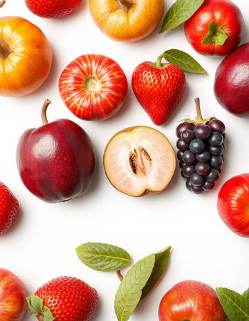 Fruits and berries on white background, top view. Flat lay