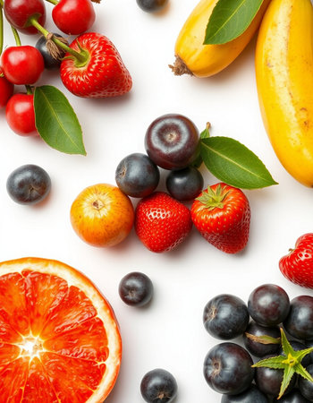 Fresh fruits and berries on white background, top view. Healthy foodの写真素材