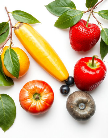 Fresh fruits and vegetables isolated on white background. Healthy food concept.の写真素材