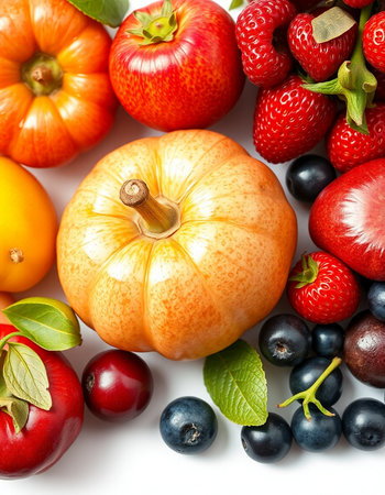 Pumpkin, berries and fruits isolated on a white background.の写真素材