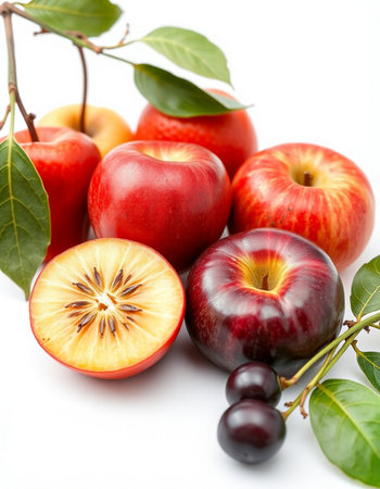 Red apples and nectarines with leaves on a white background.の写真素材