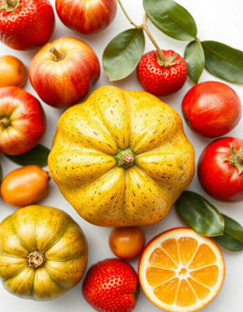 Fruits and vegetables isolated on white background. Flat lay, top viewの写真素材