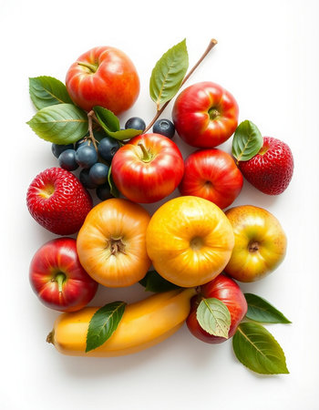 Fresh fruits and berries on a white background. Healthy food concept.