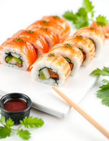 Sushi roll with salmon, avocado and cucumber on white backgroundの写真素材