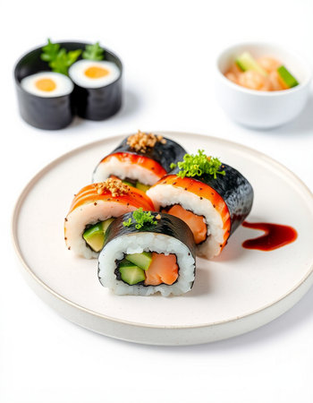 Sushi roll with salmon, tuna, cucumber and cream cheeseの写真素材