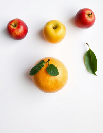 Apples and oranges on a white background. Top viewの写真素材