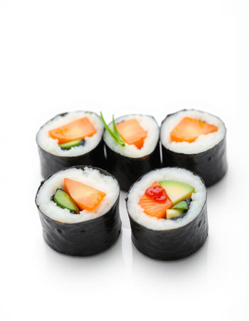 Sushi rolls isolated on white background. Japanese food restaurant menu.の写真素材
