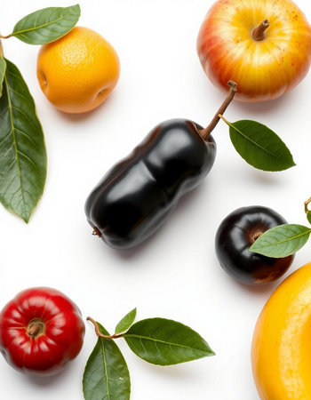 Fruits and vegetables on a white background. Flat lay, top view
