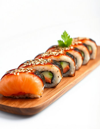 Sushi roll with salmon and cucumber on a wooden plate.の写真素材
