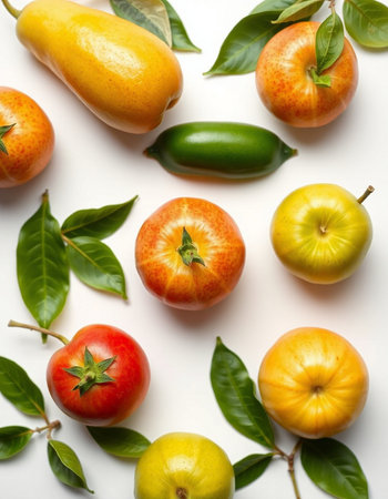 Fruits and vegetables on a white background. View from above.の写真素材