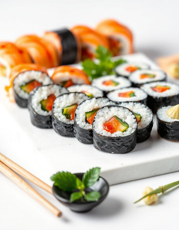 Sushi rolls with salmon, cucumber and cream cheese on a white backgroundの写真素材