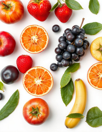 Fruits and berries on a white background. Flat lay, top view