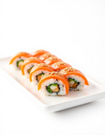 Sushi roll with salmon, avocado and cucumber on white backgroundの写真素材