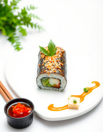 Sushi roll with salmon, avocado, cucumber, nori and cream cheese on white backgroundの写真素材