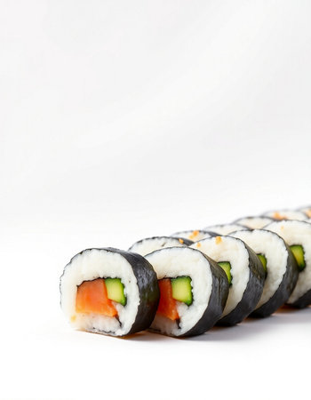 Sushi rolls with salmon, cucumber and cream cheese on a white background