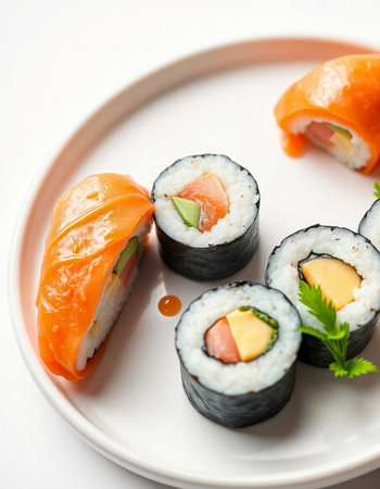 Japanese Cuisine - Sushi Roll with Salmon, Cream Cheese and Raw Salmon inside. Nori outsideの写真素材