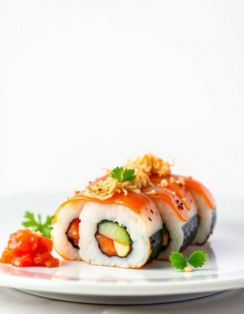 Sushi roll with salmon, avocado, cucumber and cheese on white background