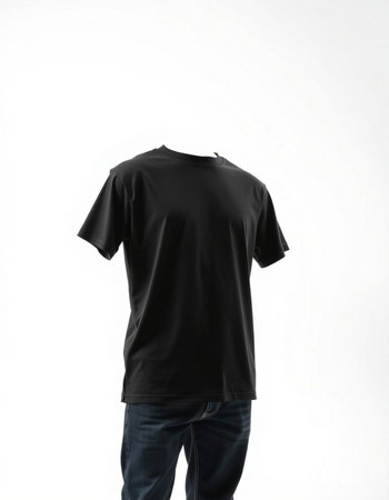 Black t-shirt mockup, front view, isolated on white backgroundの写真素材