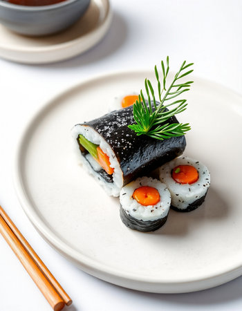 Sushi roll with vegetables on white plateの写真素材