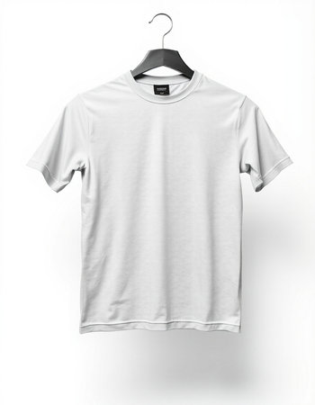 White t-shirt on a hanger isolated on a white backgroundの写真素材