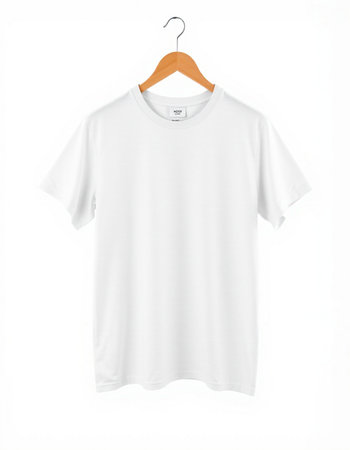 White t-shirt on wooden hanger isolated on white background.