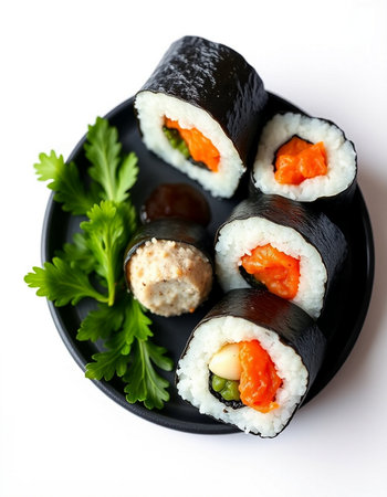 Sushi roll with salmon, cucumber and cream cheese on white backgroundの写真素材