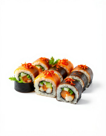 Sushi roll with salmon, cucumber, cheese and mayonnaiseの写真素材