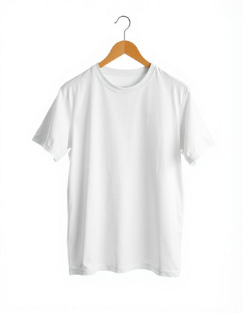 White t-shirt on wooden hanger isolated on white background.の写真素材