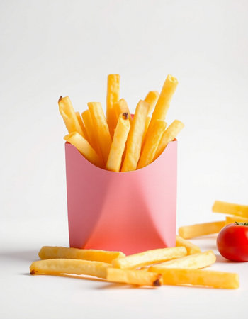 French fries in a pink box on a white background, close-up