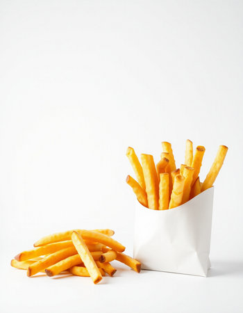 French fries in a white paper box on a white background with copy spaceの写真素材