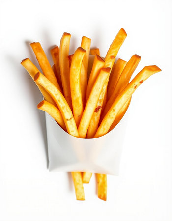 French fries in a box on a white background. Selective focus.