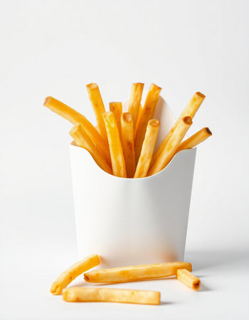 French fries in a white box on a white background, fast food