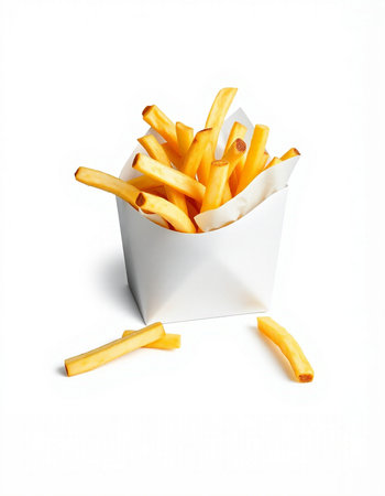 French fries in paper box isolated on white background, clipping path included