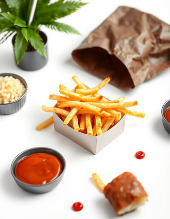 French fries with ketchup in paper box on white background, closeup