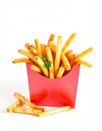 French fries in a red box on a white background, fast food