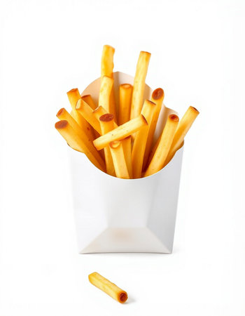 French fries in a white box on a white background. Isolated