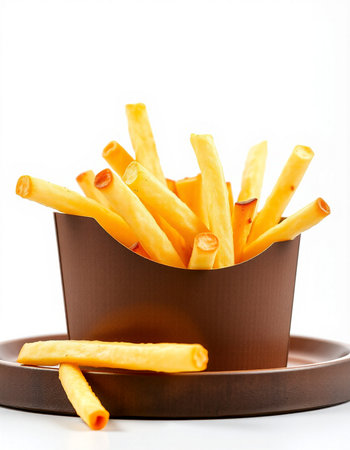 French fries in a paper box isolated on white background. Selective focus.
