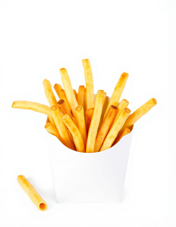 French fries in a paper box isolated on white background. Fast food.