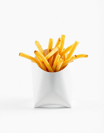 French fries in a white paper box isolated on a white background.