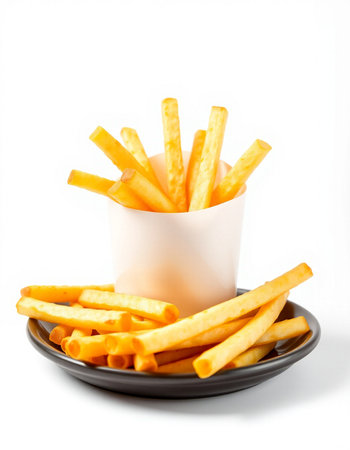 French fries in a cup on a white background. Selective focus.