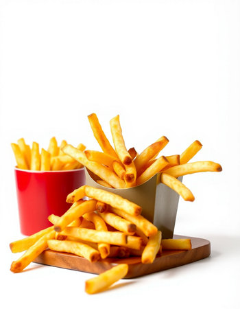 French fries in a red cup on a wooden board on a white background