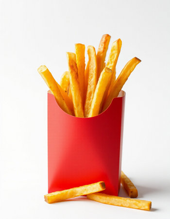French fries in a red box on a white background, fast food