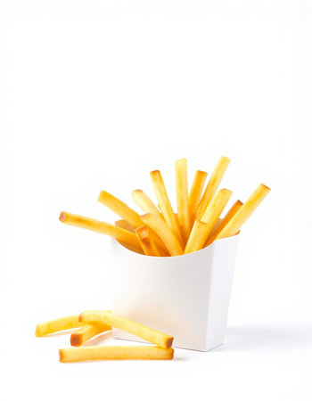 French fries in a white box on a white background. Isolated