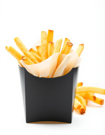 French fries in a paper box isolated on white background. Selective focus.