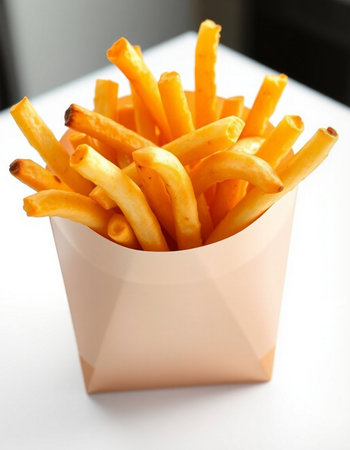French fries in a paper box on a white background. Selective focus.